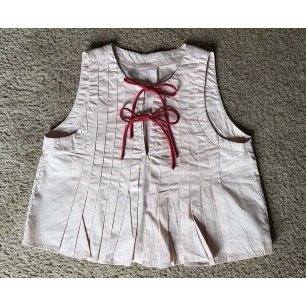 100% Cotton Cider Round Neckline Solid Pleated Knotted Crop Top XXS